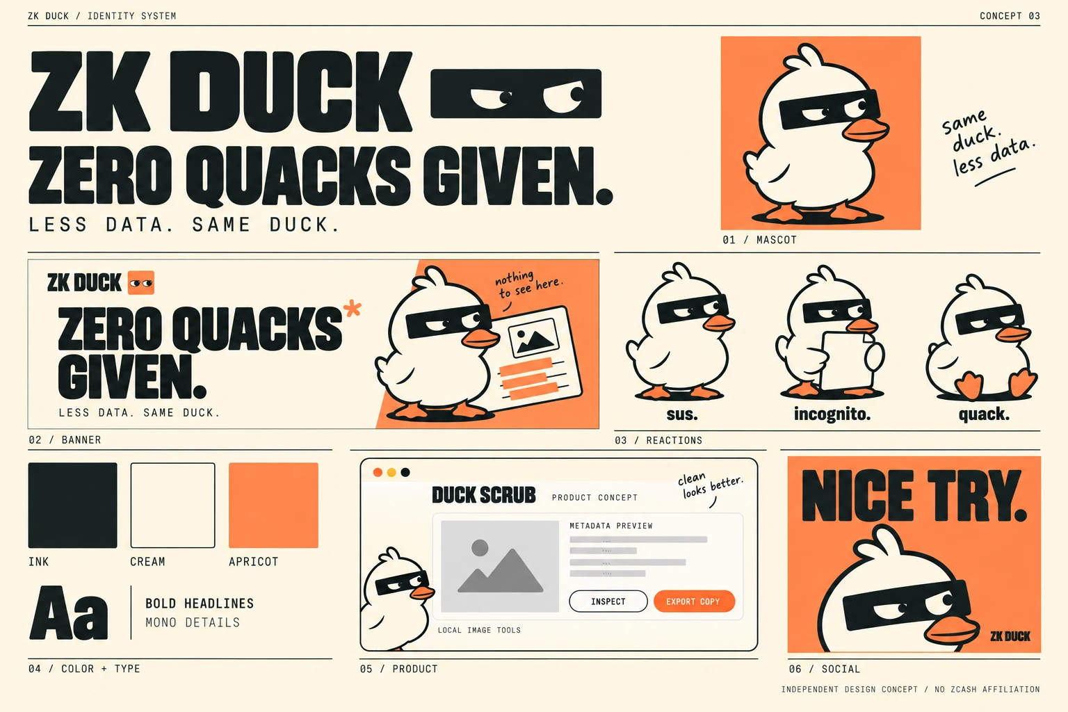 ZK Duck brand board: mascot, banner, reaction stickers, colour palette, typography, product concept and social tile